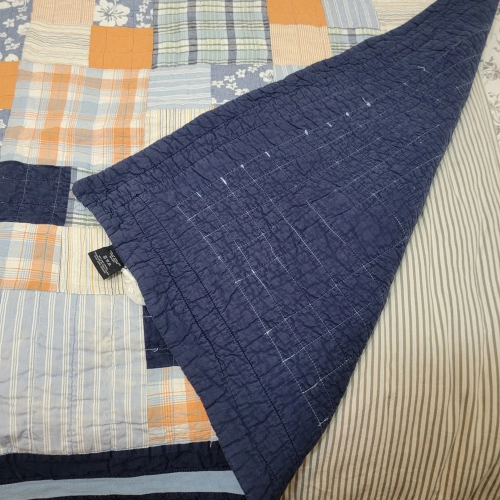 Nautica Twin Patchwork Quilt Navy Blue Orange 100% Cotton Bedcover Quilted Plaid